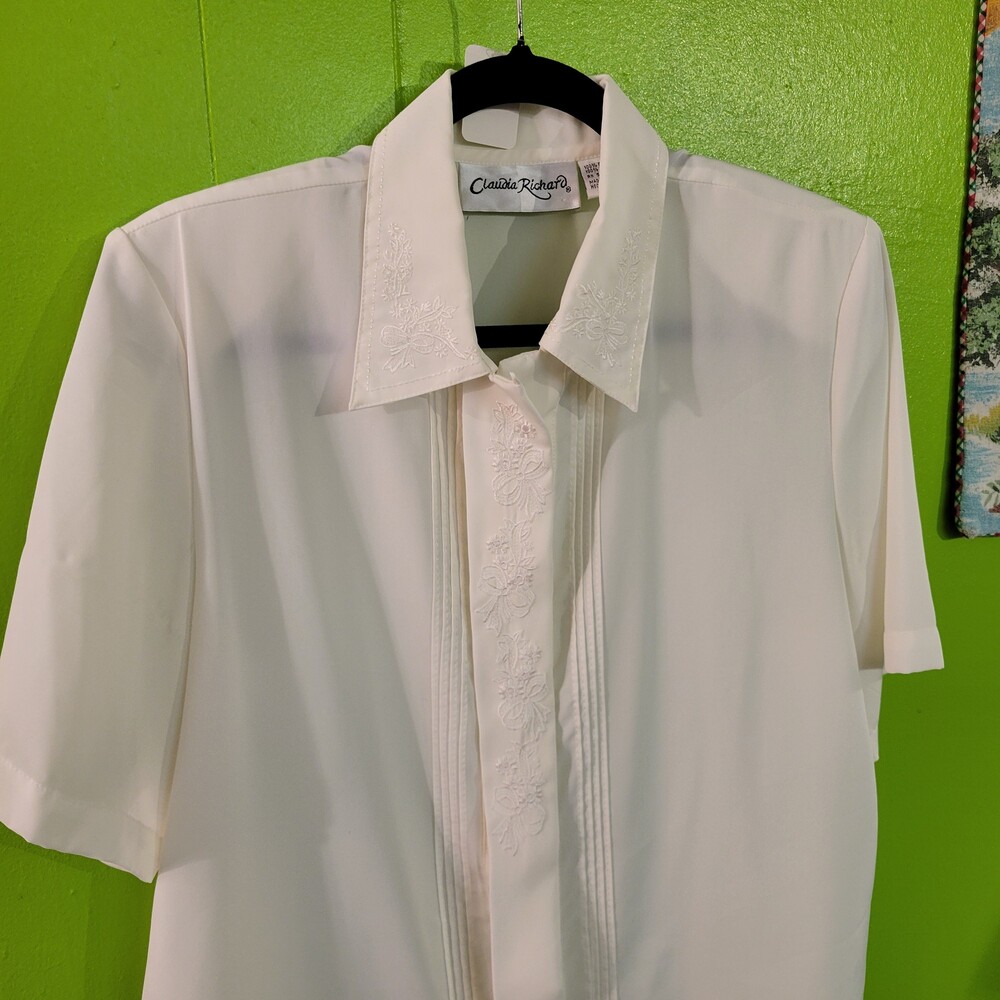 Vintage 80s vtg Claudia Richard White Embroidered Polyester Short Sleeve Blouse
